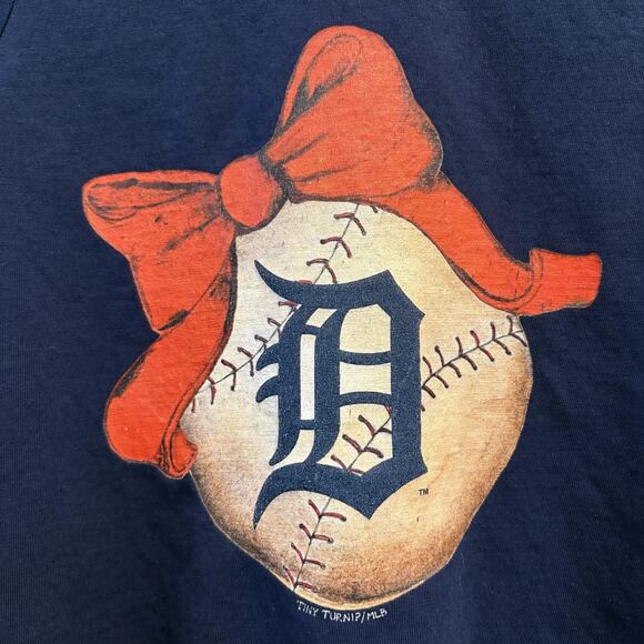 Detroit Tigers Shirt Girl Small 6-8 Blue MLB Baseball Fringe Bow Tiny Turnip Tee - Picture 4 of 9